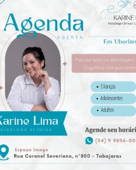 Arte de agenda aberta em Uberlândia, com retrato de Karine e os públicos atendidos: crianças, adolescentes e adultos